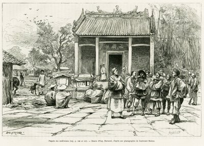 Konferansepagoden, Monkay. Gravering av Eugene Burnand, for å illustrere historien Sur les frontières du Tonkin, av doktor P.Neiss, i le tour du monde 1888, regissert av Edouard Charton (1807-1890), Hachette, Paris. av Eugene Burnand