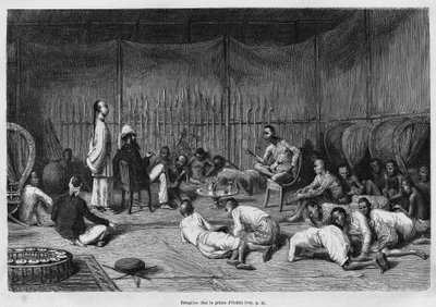 Dr. Harmand i resepsjonen på prinsen av Oubon (Laos), beskrivelse av det indre av den fyrste saken og dens gårdsplass, gravering av Eugene Burnand, for å illustrere historien om Laos og de ville populasjonene i Indokina av Dr. Harmand, i 1877, publ av Eugene Burnand