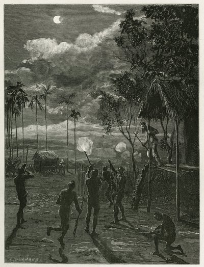 Dr. Harmand våkner midt på natten av støyen fra riflene til de innfødte Khas, og skyter mot månen utsatt for en formørkelse, ved Attopeu (Laos), gravering av Eugene Burnand, for å illustrere historien om Laos og naturen. befolkningen i Indo av Eugene Burnand