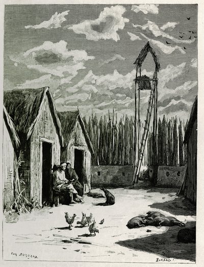 Misjonærplassen i Meuong Ngan. Gravering av Eugene Burnand, for å illustrere historien "Reise i Øvre Laos", i 1880, av Dr. P.Neis. Publisert i Le Tour du monde, nouveau journal des voyages, 2. semester 1885, redigert av Edouard Charton (1807-1890), red. av Eugene Burnand