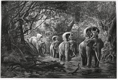 På vei inn i skogen reiser ekspedisjonen på ryggen til en elefant. Gravering av Eugene Burnand, for å illustrere historien "Reise i Øvre Laos", i 1880, av Dr. P.Neis. Publisert i Le Tour du monde, nouveau journal des voyages, 2. semester 18 av Eugene Burnand