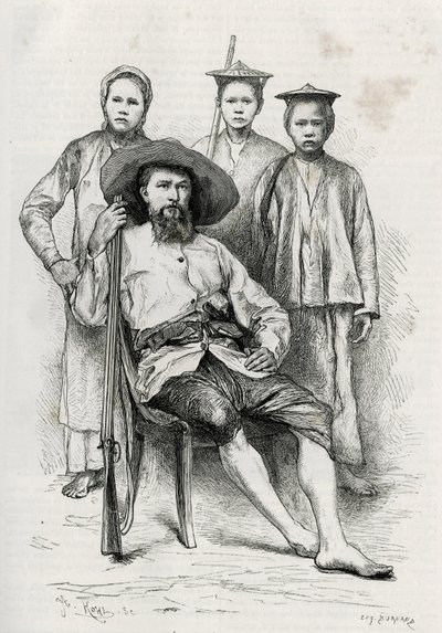 Portrett av forfatteren, omgir hans reisefølge. Gravering av Eugene Burnand, for å illustrere historien "Reise i Øvre Laos", i 1880, av Dr. P.Neis. Publisert i Le Tour du monde, nouveau journal des voyages, 2. semester 1885, redigert av Edou av Eugene Burnand