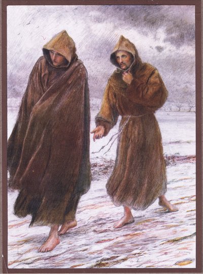 St Francis setter frem til broder Leo hvor fullkommen glede finnes, 1919 av Eugene Burnand
