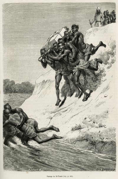 Passasjen av Riviere Se Touon (Se Touon), i bakgrunnen, et portrett av den reisende fortelleren, gravert etter en tegning av Eugene Burnand, for å illustrere historien om Laos og de ville populasjonene i Indokina, av doktor Harmand, i 1877 , publisere av Eugene Burnand