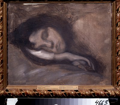 Hodet til en sovende kvinne. Maleri av Eugene Carriere (1849-1906). Størrelse: 36x47cm. Olje på lerret. Symbolikk. Pushkin-museet, Moskva av Eugène Carrière