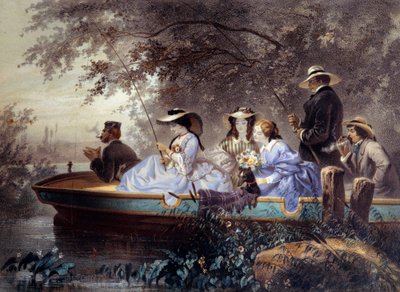 En søndag med familien, fiske i elven Litografi av Eugene Guerard (1821-1866) Paris fra 1800-tallet, Musee Carnavalet av Eugene Charles Francois Guerard