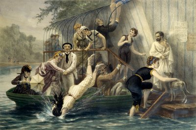 Ah! Det vakre hodet, en søndag ved vannet. Kvinne dykker i badedrakt i vannet på 1800-tallet under latter fra seilere. En kvinne i en båt beskytter seg mot riper med paraplyen. Gravering av Eugene Guerard (1821-1866). Pr av Eugene Charles Francois Guerard