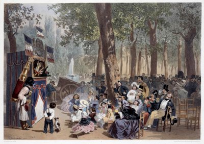 Visningen av guignolene på Champs Elysees i Paris på 1800-tallet. Trykk av Eugene Guerard (1821-1866) Paris fra 1800-tallet, Musee Carnavalet av Eugene Charles Francois Guerard