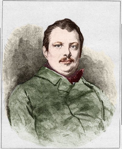 Portrett av Honore Balzac i 1830 (1799 - 1850), fransk forfatter. Gravering av Eugene Chiquet. av Eugene Chiquet