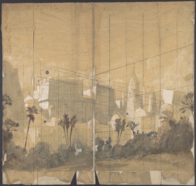 Design for et scenesett på Opéra, Paris, 1828-90. av Eugene Ciceri