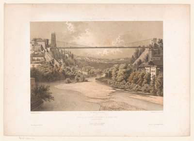 Utsikt over hengende over de Sarine, te Fribourg Sveits Savoy og Tyrol / Profil av hengebroen i Fribourg (Kanton Fribourg) (tittel på objekt) av Eugene Ciceri