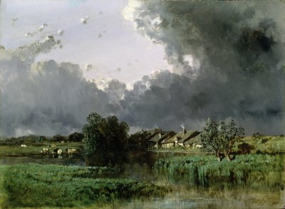 Hamlet ved kanten av en dam, 1849 av Eugene Ciceri