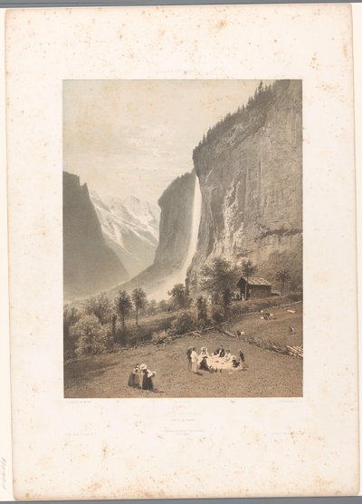 Piknik med utsikt over Staubbach-fossen Le Staubbach (tittel på objekt) La Suisse et la Savoie (serietittel) Ansikter i Sveits og Savoy (serietittel på objekt) av Eugene Ciceri