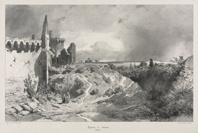 Pittoreske og romantiske reiser i det gamle Frankrike. Bretagne: Chateau de Susinio. av Eugene Ciceri