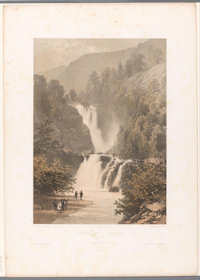 Turgåere med utsikt over Reichenbach-fossen Chûte inférieure du Reichenbach (tittel på objekt) Utsikt i Sveits og Savoy (serietittel) La Suisse et la Savoie (serietittel på objekt) av Eugene Ciceri