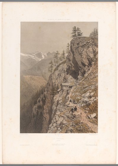 Turgåere på fjellstien ved Chamonix og Mont Blanc Le Chapeau (tittel på objekt) Severdigheter i Sveits, Savoy og Tyrol (serietittel) La Suisse, la Savoie et le Tyrol (serietittel på objekt) av Eugene Ciceri