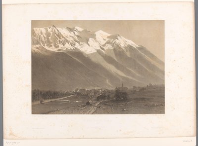 Utsikt over Chamonix ved foten av Mont Blanc Le Mont Blanc et Chamonix (tittel på objekt) La Suisse et la Savoie (serietittel) Ansikter i Sveits og Savoy (serietittel på objekt) av Eugene Ciceri