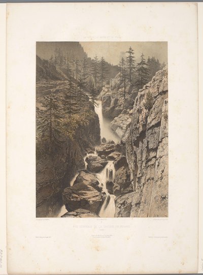 Zicht op de Bérard-waterval Generell utsikt over Cascade de Bérard (tittel på objekt) Gezichten i Sveits, Savoy in Tirol (serietittel) Sveits, Savoy og Tyrol (serietittel på objekt) av Eugene Ciceri