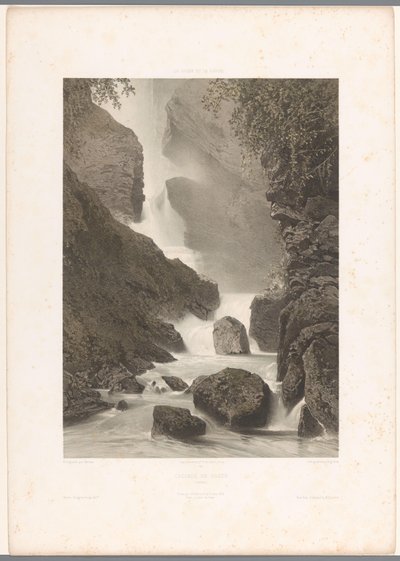 Utsikt over Chède-fossen Cascade de Chède (tittel på objekt) La Suisse et la Savoie (serietittel) Ansikter i Sveits og Savoy (serietittel på objekt) av Eugene Ciceri