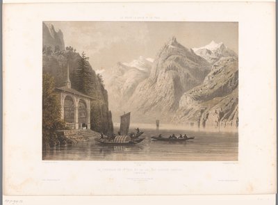 Utsikt over Tells-kapellet ved Vierwaldstättersee La Chapelle de G.me Tell et le lac des Quatre-Cantons (tittel på objekt) Utsikt i Sveits, Savoy og Tyrol (serietittel) La Suisse, la Savoie et le Tyrol (serietittel på objekt) av Eugene Ciceri