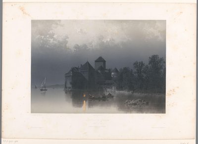 Utsikt over Chillon-slottet ved Genfersjøen Château de Chillon (tittel på objekt) Ansikter i Sveits og Savoy (serietittel) La Suisse et la Savoie (serietittel på objekt) av Eugene Ciceri