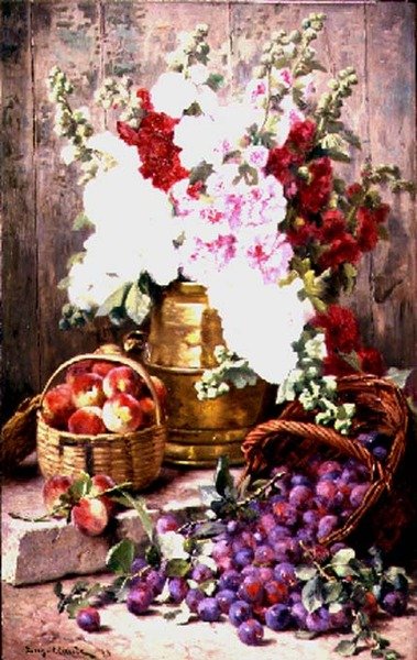 Stilleben med blomster i en messingurne og frukt i kurver av Eugene Claude