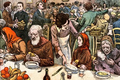 En bankett for de fattige (veldedighet - veldedighetskomité - katolsk nødhjelp - suppe - dame skytshelgen). Juledag 1927 arrangerte kardinal Ferrari (regissert i Paris av Abbe Rivota) en messe for de fattige, etterfulgt av en overbygd bankett i 2000. Dessi av Eugene Damblans