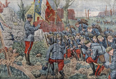 En flaggbærende prest gir absolusjon til offiserene og soldatene i hans regiment når de legger ut for å angripe. I "Le pelerin"" fra 1915. av Eugene Damblans