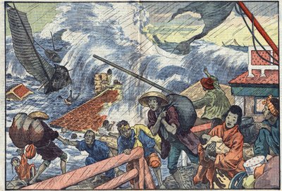 En maree raz og en tyfon traff Japan. Illustrasjon av svømming. I «Le Pelerin»» i oktober av Eugene Damblans