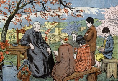 En prest og fremtidige ungdommer som skal ta nattverden sin, i en hage, tegnet av Damblans fra papiret "Le Pelerin" 17. mai av Eugene Damblans