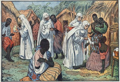 About the inauguration, at the Lateran Palace, in Rome, of the Museums of the White Sisters in a village in Equatorial Africa where they catechism and care for the sick. Illustration of Damblans. In “” Le Pelerin”” of January 29 av Eugene Damblans