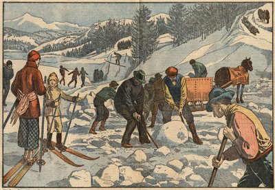 Alpine innbyggere samler isblokker om vinteren for sommeren. I bakgrunnen driver menn med vinteridrett. Illustrasjon av Damblans. I "" Le Pelerin"" av 18. desember av Eugene Damblans