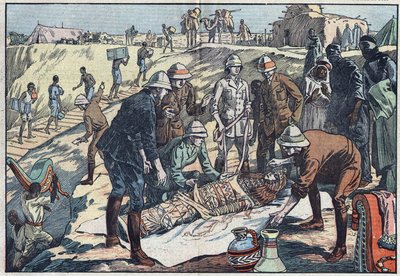 An English mission, commissioned by Earl Byron de Prorok (1896-1954), an archeologist, discovered the tomb of Tin-Hahan in the Hoggar. Illustration of Damblans. In “” Le Pelerin”” of 20 December 1925. av Eugene Damblans