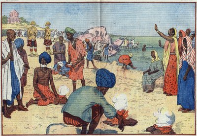 Sivil ulydighetsuke i India mot det britiske imperiet: På Bombay Beach koker Gandhi (1869-1948) og hans støttespillere sjøvann for å skaffe salt i strid med Gabelle-loven. Kvinner oppmuntrer dem ved å gjenta dette refrenget: "Bryt, bryt saltloven, av Eugene Damblans