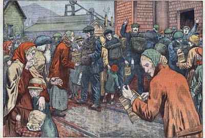 Etter eksplosjonen i Cwn-gruven (Wales), tok gruvearbeidernes kvinner med seg kanarifuglene for å redde flammen. Illustrasjon av Damblans. I "" Le Pelerin"" av 20. mars av Eugene Damblans