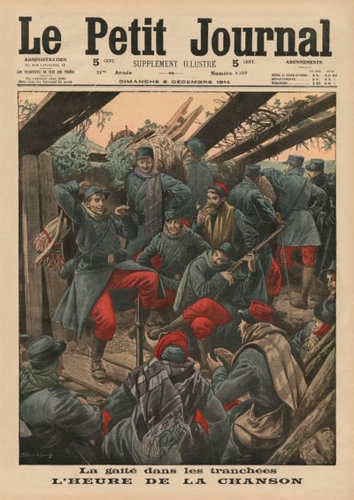 Glad fest i skyttergravene, Song Time, forsideillustrasjon fra 'Le Petit Journal', bilagsillustre, 6. desember 1914 av Eugene Damblans