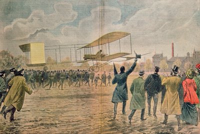 Henri Farman (1874-1958) ved Issy-les-Moulineaux i flyet hans Voisin-Farman 1, illustrasjon fra 