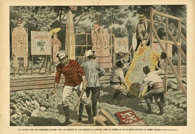 Illustrasjon av Eugene Damblans (1865-1945) i Le Pelerin, 03/09/05 - Japanerne gjør et gigantisk krav på industriens produkter langs jernbanelinjer med plakater i forskjellige former - Reklame, Japan, jernbanetog, plakater Plakater av Eugene Damblans