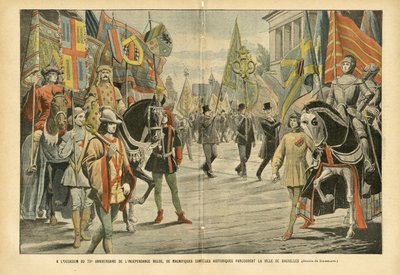 Illustrasjon av Eugene Damblans (1865-1945) i Le Pelerin, 06/08/05 - I anledning 70-årsjubileet for den belgiske uavhengigheten reiser storslåtte historiske kortejer gjennom byen Brussel - Belgia, Historie, Flagg, Brussel, Commemoratio av Eugene Damblans
