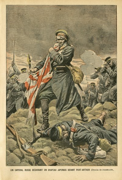 Illustrasjon av Eugene Damblans (1865-1945) i Le Pelerin, 01/01/05 - En russisk korporal som river et japansk flagg foran Port Arthur - Russland, Japan, Port Arthur, russisk-japansk krig, slåssing, rifler - soldater, Korporal av Eugene Damblans