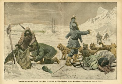 Illustrasjon av Eugene Damblans (1865-1945) i Le Pelerin, 02/04/05 - Det russiske oppdraget Klotchak oppdager på nordpolveien et brev som bekrefter det uheldige tapet av ekspedisjonen Toll - Nord- og Sydpolene, Polarekspedisjoner, Is, Slede Trai av Eugene Damblans