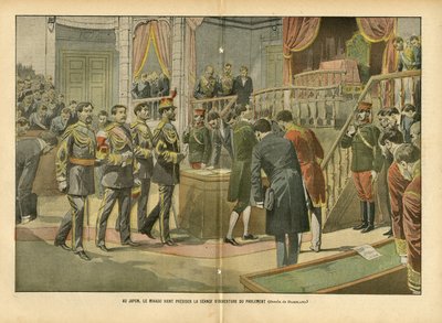 Illustrasjon av Eugene Damblans (1865-1945) i Le Pelerin, 03/04/04 - I Japan leder Mikado åpningssesjonen til parlamentet - Japan, House of Deputes Hemicycle, Mikado, intern arkitektur - Mikado av Eugene Damblans