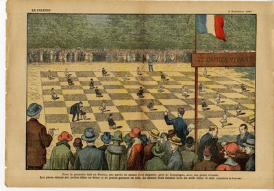 Illustrasjon av Eugene Damblans (1865-1945) i Le Pelerin, 04.09.27 - For første gang i Frankrike, et spill med damer... Live Checkerboard - Spill, Hobbyer, Crowd, Dam av Eugene Damblans