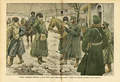 Illustrasjon av Eugene Damblans (1865-1945) i Le Pelerin, 05/03/05 - General Kuropatkin, øverstkommanderende for den russiske Armea i Manchuria, mottok rapporten fra en av hans løytnanter - Russland, Armea, Manchuria, Russland -Japansk krig, snø - general av Eugene Damblans