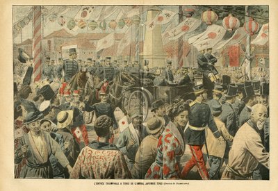 Illustrasjon av Eugene Damblans (1865-1945) i Le Pelerin, 05/11/05 - Den japanske admiralen Togos triumfinngang til Tokio - Armee, Japan, Crowd, Tokyo - Admiral Admirals, Togo Heihachiro (1848-1934), sivile av Eugene Damblans