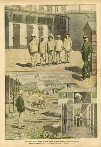 Illustrasjon av Eugene Damblans (1865-1945) i Le Pelerin, 07/05/05 - Noen scener fra livet til bagne - Fengsler, Bagnes, Arbeidsstyrker - Fanger, fengselsvakter av Eugene Damblans