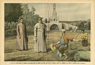 Illustrasjon av Eugene Damblans (1865-1945) i Le Pelerin, 20/08/05 - Den hellige far utfører sin daglige vandring i Vatikanets hager, ikke langt fra kapellet reist til ære for Jomfruen av Lourdes - Religion Tro, Landbruk, Vatikanet, katolikk av Eugene Damblans