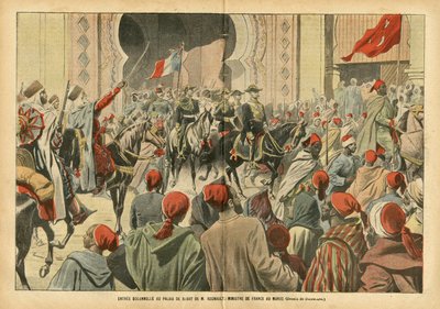 Illustrasjon av Eugene Damblans (1865-1945) i Le Pelerin, 20/10/07 - Høytidelig inngang til Palais de Rabat av Mr. Regnault, Frankrikes minister i Marokko - Kolonisering Kolonialisme Kolonier, Arkitektur Urbanisme, Marokko, Offisielt besøk - Regnault Euge av Eugene Damblans