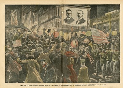 Illustrasjon av Eugene Damblans (1865-1945) i Le Pelerin, 20/11/04 - I New York heier publikum på den gjenvalgte presidenten i USA og visepresidenten, hvis transparente gjengir funksjonene - Amerika USA, valg, arkitektur Urbani av Eugene Damblans