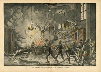 Illustrasjon av Eugene Damblans (1865-1945) i Le Pelerin, 26/06/04 - Kirken Suresnes, nær Paris, blir brent av apachene - Diverse fakta, Religion Tro, Utrygghet, Cathedrale Churches, Brann, Suresnes, katolsk katolisisme - Apaches proxen av Eugene Damblans